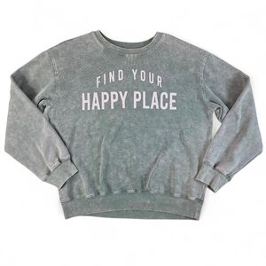 AWAKE “Happy Place” Graphic Crewneck Sweatshirt Green Mineral Wash Women L